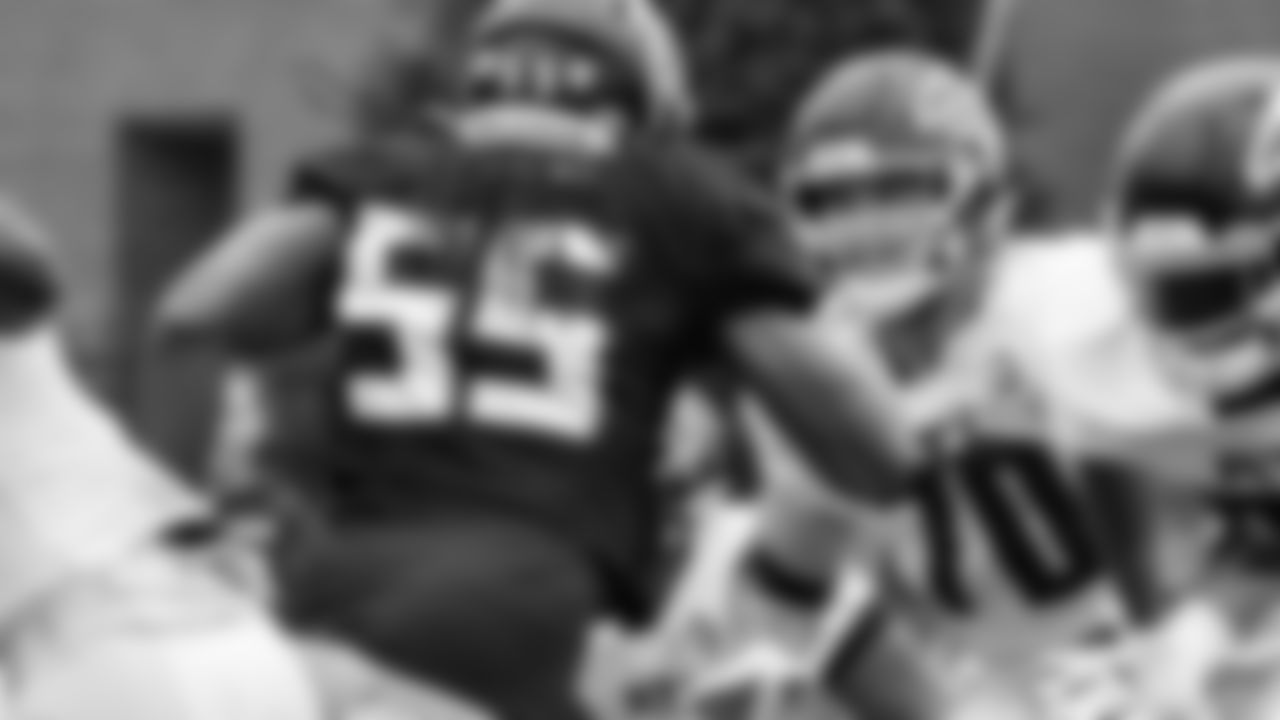 Atlanta Falcons offensive tackle Jake Matthews #70 works with defensive end Steven Means #55 during AT&T Atlanta Falcons Training Camp at Atlanta Falcons Headquarters in Flowery Branch, Georgia, on Tuesday August 3, 2021. (Photo by Kara Durrette/Atlanta Falcons)