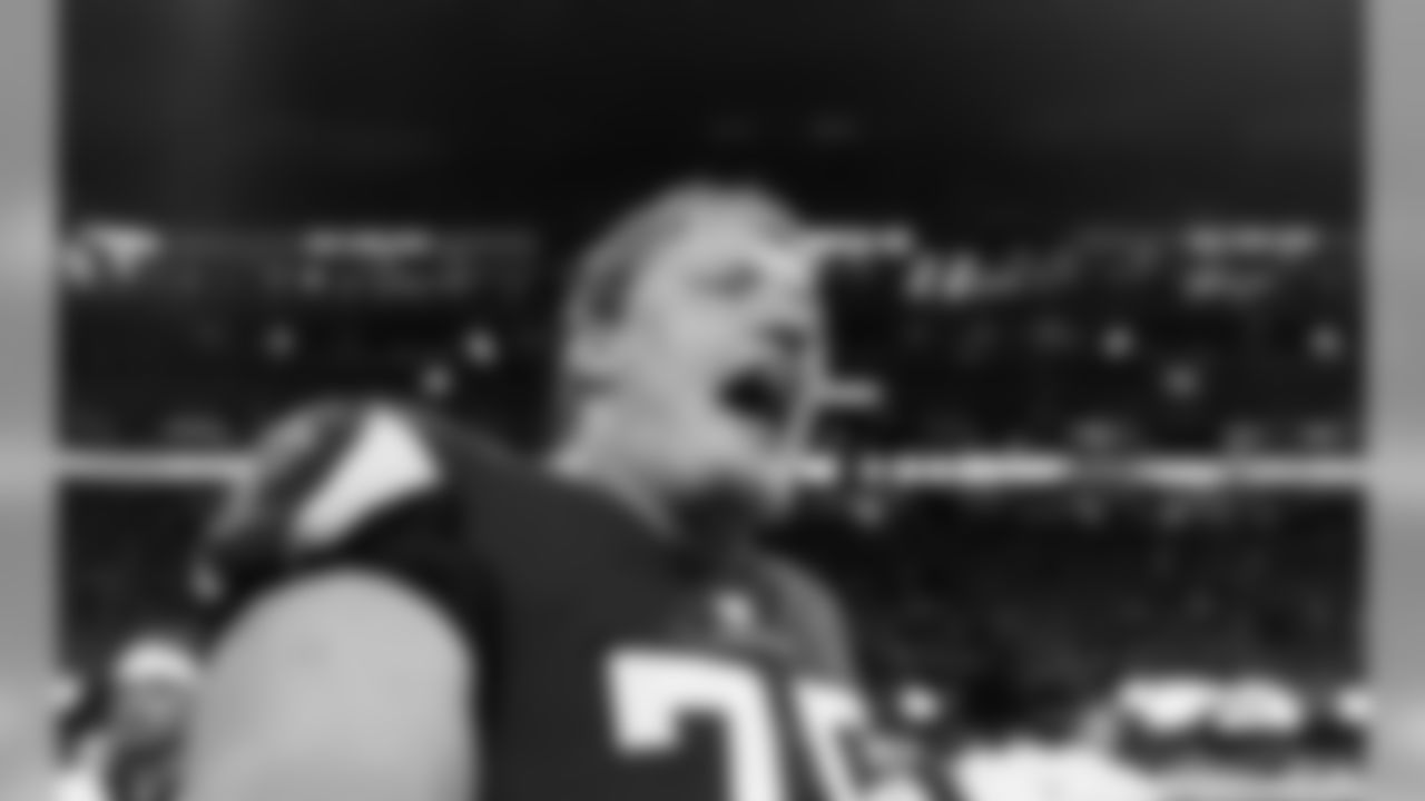 Atlanta Falcons offensive tackle Kaleb McGary #76 reacts after the game against the Philadelphia Eagles at Mercedes-Benz Stadium in Atlanta, GA, on Sunday September 15, 2019. (Photo by Kara Durrette/Atlanta Falcons)