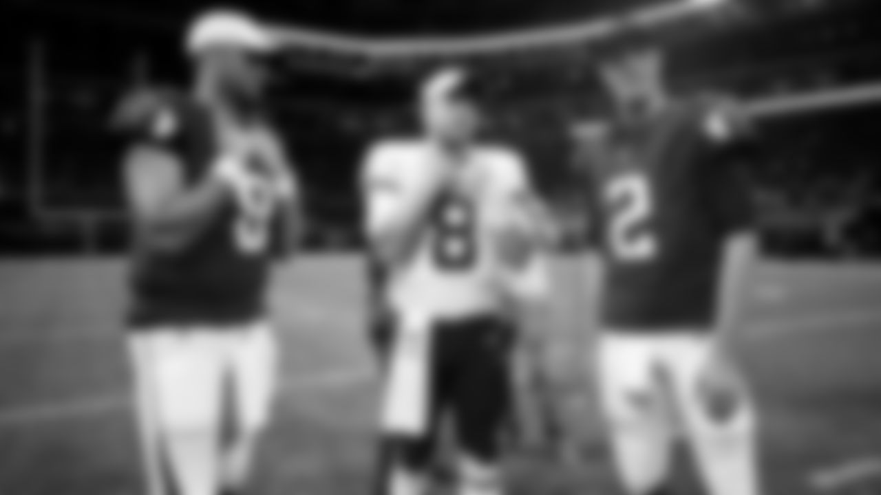 Atlanta Falcons quarterback Matt Schaub #8 and quarterback Matt Ryan #2 with Washington Redskins quarterback Case Keenum #8 after the game at Mercedes-Benz Stadium in Atlanta, Georgia, on Thursday August 22, 2019. (Photo by Kara Durrette/Atlanta Falcons)