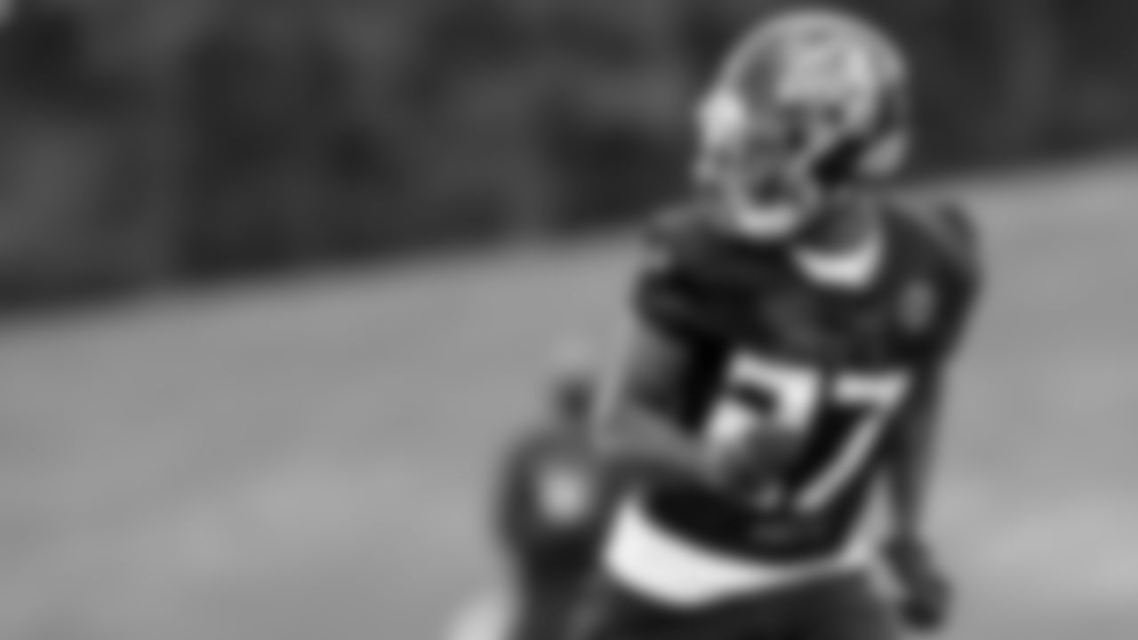 Atlanta Falcons safety Richie Grant #27 in action during the first practice of Atlanta Falcons rookie minicamp on May 14, 2021.
