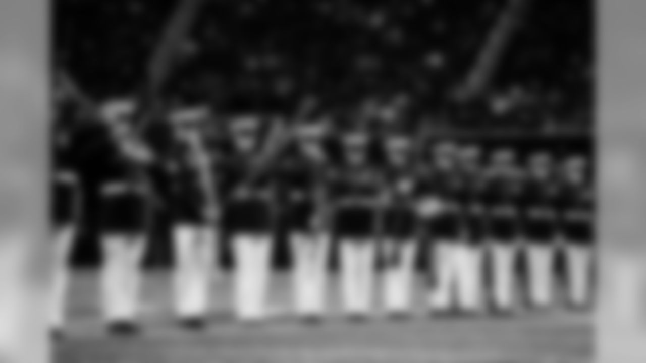 U.S. Marine Corp Silent Drill Team performs during halftime of the game against the Tampa Bay Buccaneers at Mercedes-Benz Stadium in Atlanta, GA, on Sunday November 24, 2019. (Photo by AJ Reynolds/Atlanta Falcons)