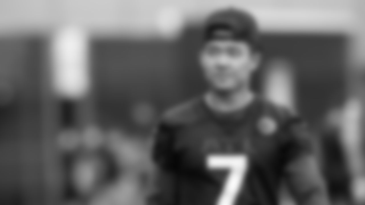 Atlanta Falcons kicker Younghoe Koo #7 looks on at AT&T Atlanta Falcons Training Camp on August 13, 2020 in Flowery Branch, GA. (Photo by Kara Durrette/Atlanta Falcons)