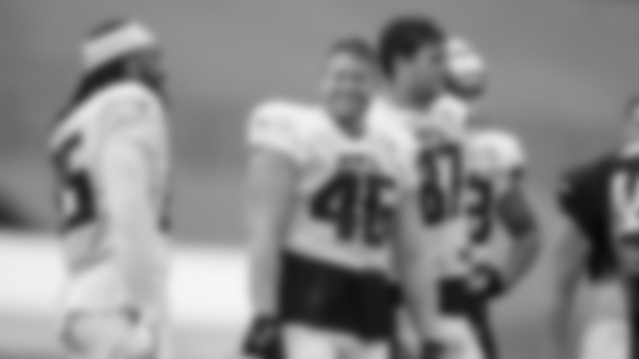 Atlanta Falcons tight end Parker Hesse #46 and Atlanta Falcons wide receiver Justin Marshall #85 during AT&T Atlanta Falcons Training Camp at Atlanta Falcons Training Facility in Flowery Branch, Ga. on Wednesday, August 2, 2023. (Photo by Shanna Lockwood/Atlanta Falcons)