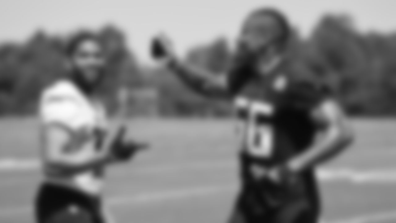 Atlanta Falcons wide receiver KhaDarel Hodge #12 and offensive linebacker Quinton Bell #56 during practice in Flowery Branch, Georgia, on Tuesday, May 10, 2022. (Photo by Shanna Lockwood/Atlanta Falcons)