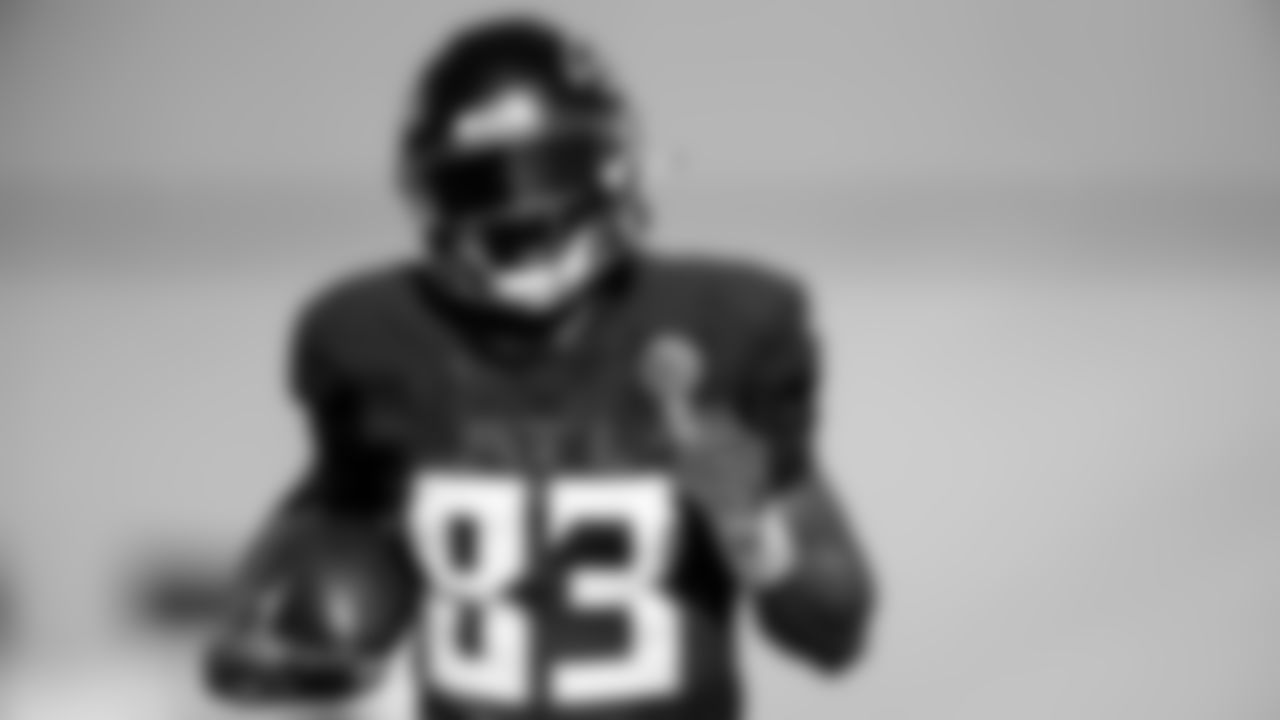 Atlanta Falcons wide receiver Russell Gage #83 runs with the ball at AT&T Atlanta Falcons Training Camp on August 18, 2020 in Flowery Branch, GA. (Photo by Rob Foldy/Atlanta Falcons)