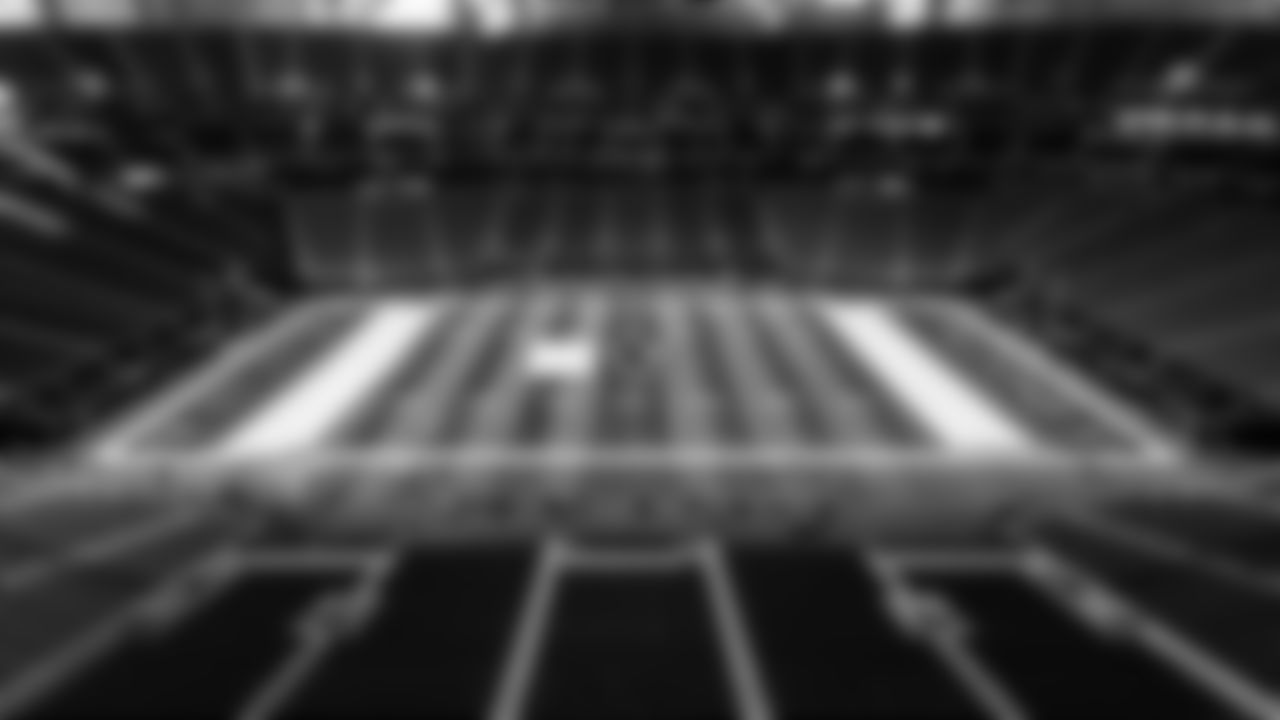 Images of the field being painted before the Atlanta Falcons 2021 throwback game against the New England Patriots at Mercedes-Benz Stadium in Atlanta, Georgia, on Wednesday November 17, 2021. (Photo by Dakota Williams/Atlanta Falcons)