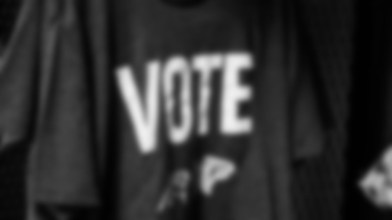 A detailed view of a Rock the Vote shirt before the game against the Carolina Panthers on October 29, 2020. (Photo by Matt Haley/Atlanta Falcons)
