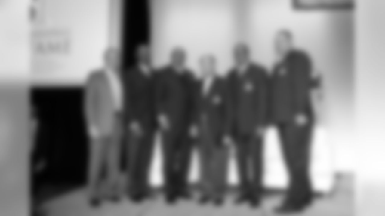 Falcons owner and chairman Arthur Blank with the 2014 inductees. From left: John Stallworth, Willie Totten, Marino Casem, Doug Wilkerson and Robert Brazile