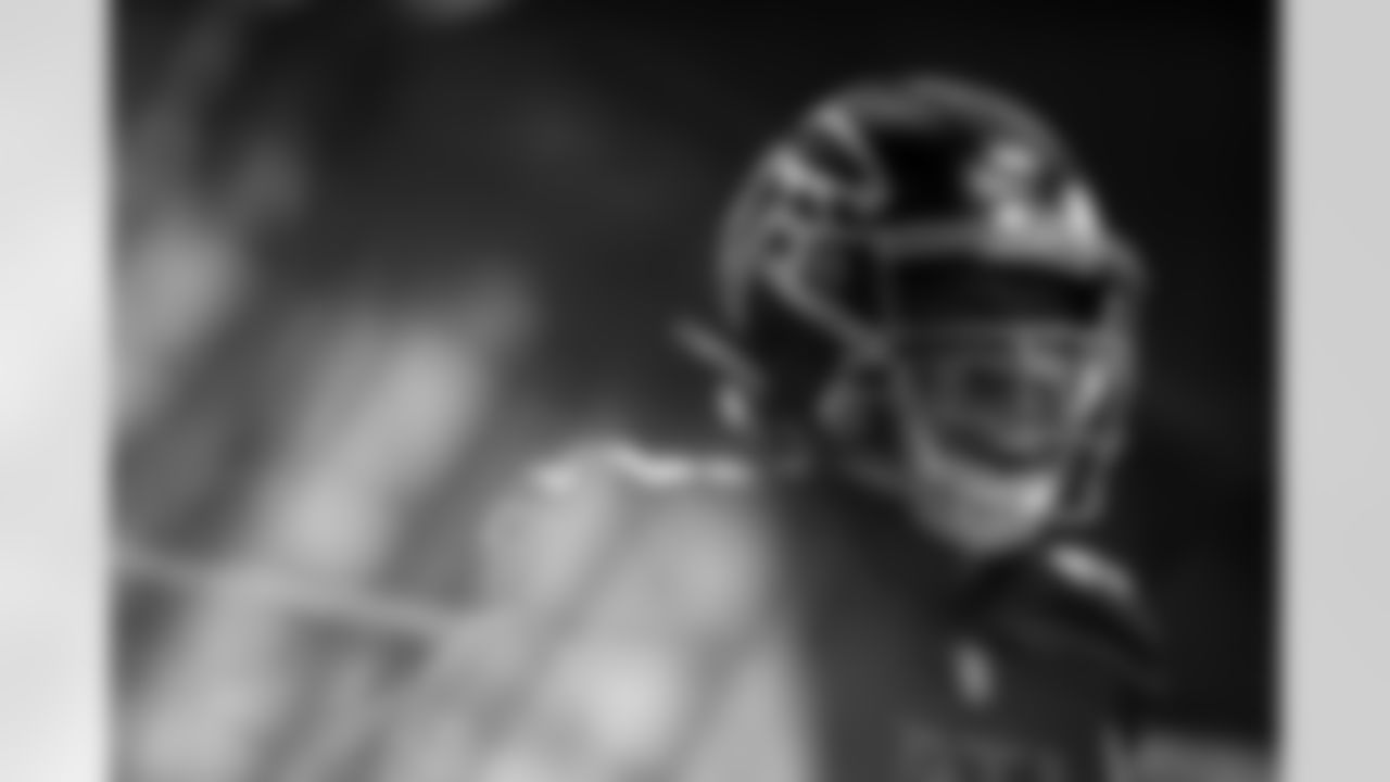 Atlanta Falcons defensive lineman Calais Campbell #93 warms up prior to the Week 1 Game against the Carolina Panthers at Mercedes-Benz Stadium in Atlanta, Georgia on Sunday, September 10, 2023. (Photo by Mitch Martin/Atlanta Falcons)