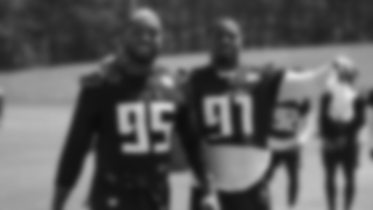 Atlanta Falcons defensive lineman Ta'Quon Graham #95 and defensive end Nick Thurman #91 during practice in Flowery Branch, Georgia, on Tuesday, May 10, 2022. (Photo by Shanna Lockwood/Atlanta Falcons)
