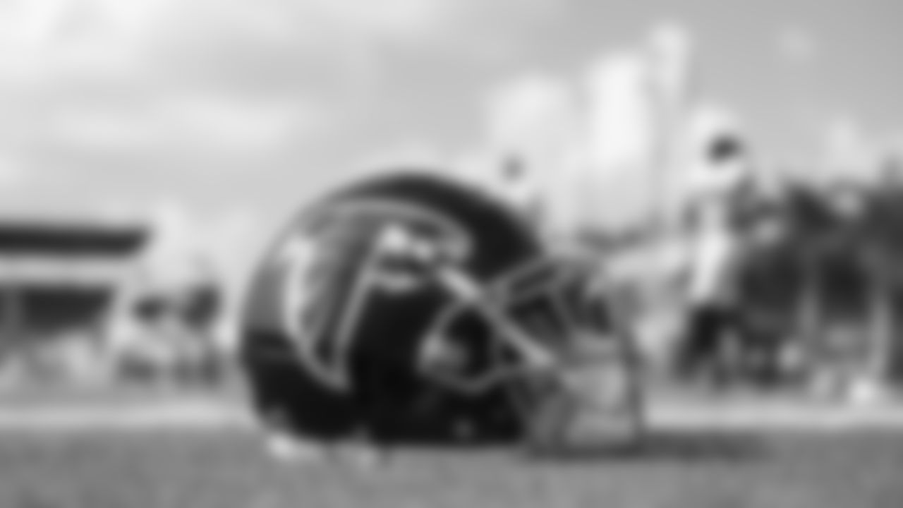 A detail shot of a helmet during Joint Practice at Miami Dolphins Training Facility in Miami Gardens, FL on Tuesday, August 8, 2023. (Photo by Jay Bendlin/Atlanta Falcons)