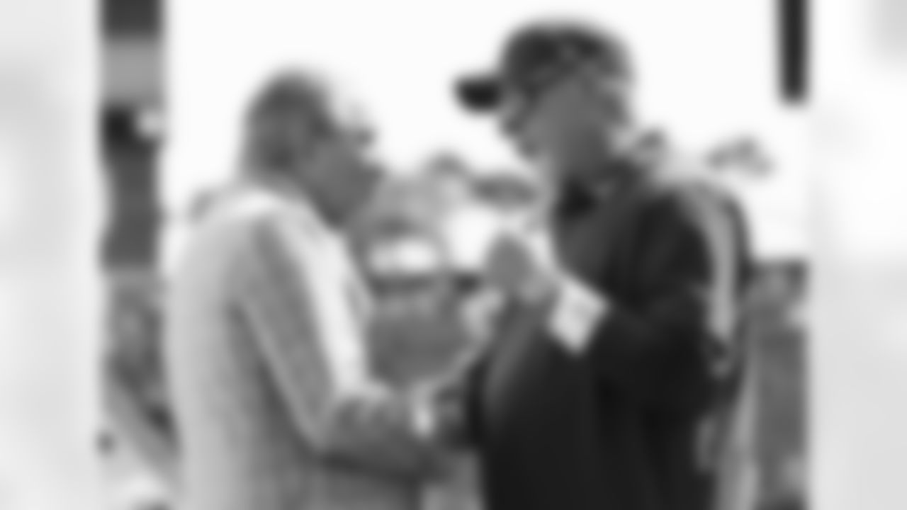 Atlanta Falcons owner Arthur Blank talks with Tampa Bay Buccaneers head coach Bruce Arians prior to their game at Raymond James Stadium in Tampa, Florida on Sunday, September 19, 2021. (Photo by Dakota Williams/Atlanta Falcons)
