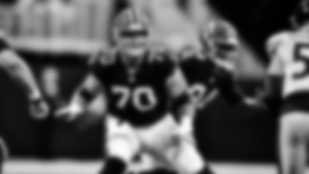 Atlanta Falcons offensive lineman Jake Matthews #70 prepares to make a block during the game against the Pittsburgh Steelers at Mercedes-Benz Stadium in Atlanta, Georgia on Sunday, December 4, 2022. (Photo by Kyle Hess/Atlanta Falcons)
