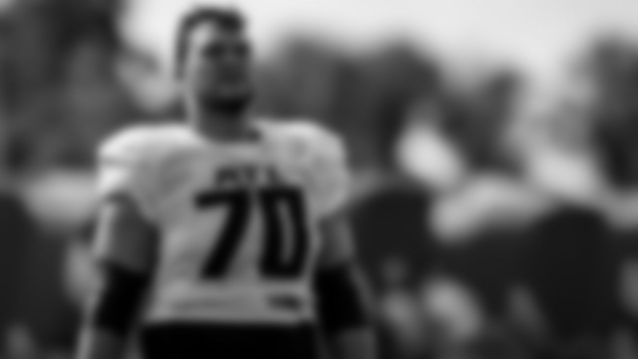 Atlanta Falcons offensive tackle Jake Matthews #70 during joint practice with the Miami Dolphins on Wednesday August 18, 2021. (Photo by )