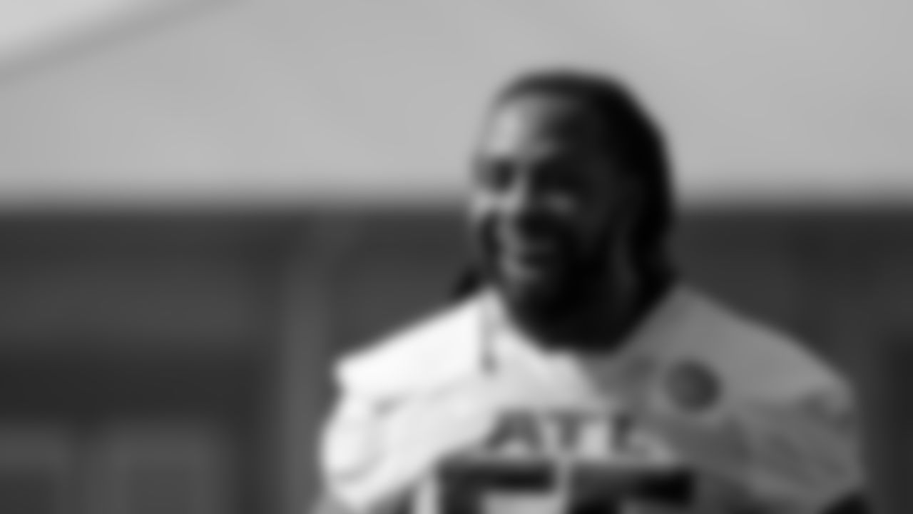 Atlanta Falcons defensive end Steven Means #55 smiles at AT&T Atlanta Falcons Training Camp on August 19, 2020 in Flowery Branch, GA. (Photo by Kara Durrette/Atlanta Falcons)