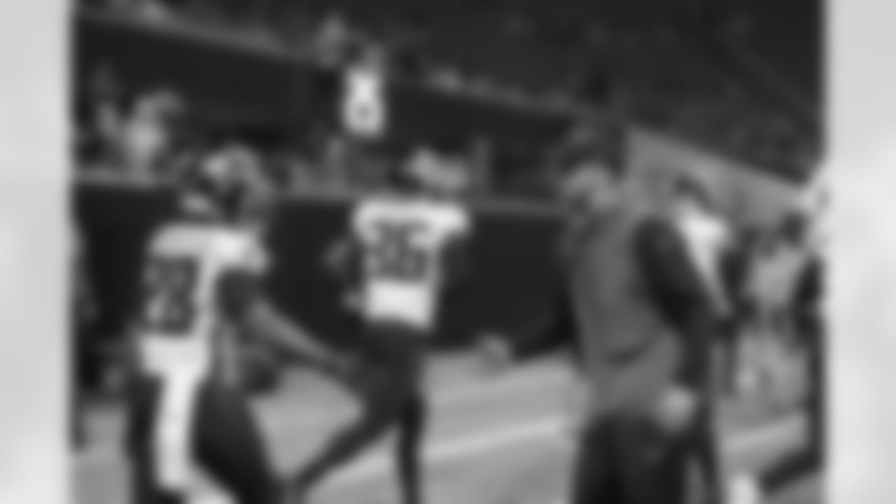 Atlanta Falcons quarterback Desmond Ridder #9 high fives Atlanta Falcons running back Carlos Washington Jr. #28 before the Preseason Game against the Pittsburgh Steelers at Mercedes-Benz Stadium in Atlanta, Georgia on Thursday, August 24, 2023. (Photo by Shanna Lockwood/Atlanta Falcons)