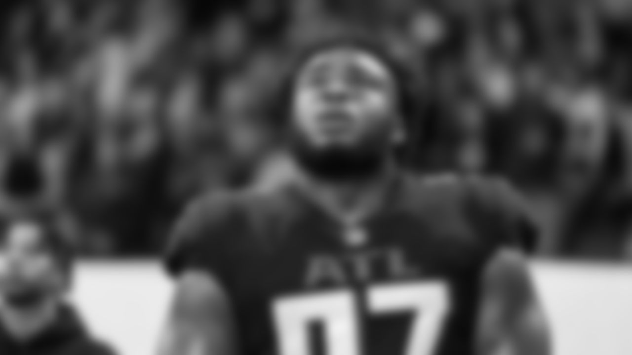 Atlanta Falcons defensive lineman Grady Jarrett #97 looks on during the National Anthem before the game against the Arizona Cardinals at Mercedes-Benz Stadium in Atlanta, Georgia on Sunday, January 1, 2023. (Photo by Jay Bendlin/Atlanta Falcons)