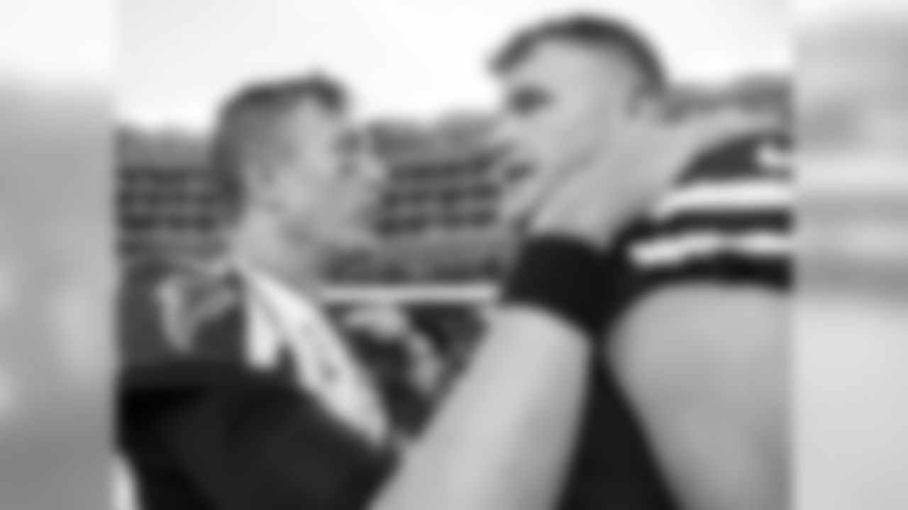 Atlanta Falcons quarterback Matt Ryan #2 talks to his cousin San Francisco 49ers offensive tackle Mike McGlinchey #69 after the game at Levi's Stadium in Santa Clara, CA, on Sunday December 15, 2019. (Photo by Kara Durrette/Atlanta Falcons)