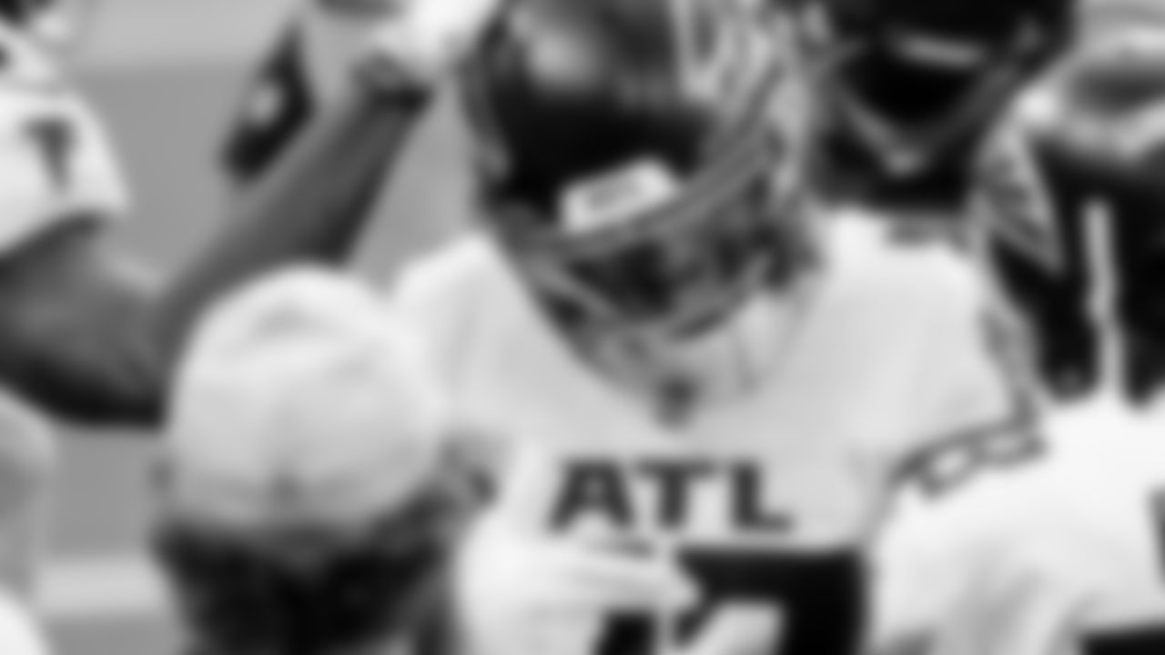 Atlanta Falcons wide receiver Russell Gage #83 smiles after throwing a touchdown pass in the first half against the Los Angeles Chargers on December 13, 2020.