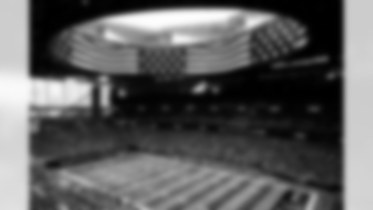 A moment of silence takes place to remember fallen US service members during the game against the Philadelphia Eagles at Mercedes-Benz Stadium in Atlanta, Georgia on Sunday, September 12, 2021. (Photo by Adam Hagy/Atlanta Falcons)