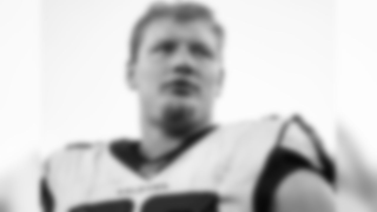 Atlanta Falcons offensive tackle Kaleb McGary #76 looks on at Bank of America Stadium in Charlotte, NC, on Sunday November 17, 2019. (Photo by Cato Cataldo/Atlanta Falcons)