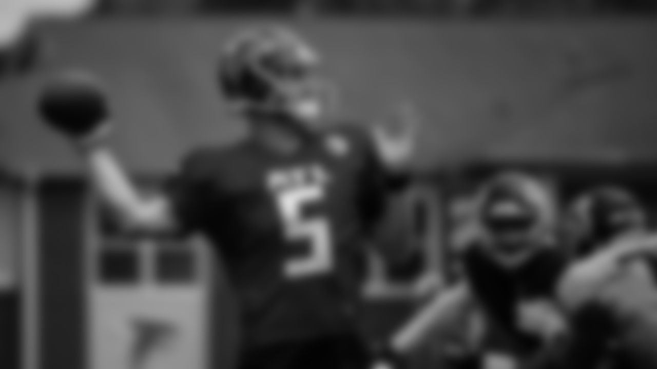 Atlanta Falcons quarterback AJ McCarron #5 during the AT&T Atlanta Falcons Training Camp at Atlanta Falcons Headquarters in Flowery Branch, Georgia, on Monday August 16, 2021. (Photo by )