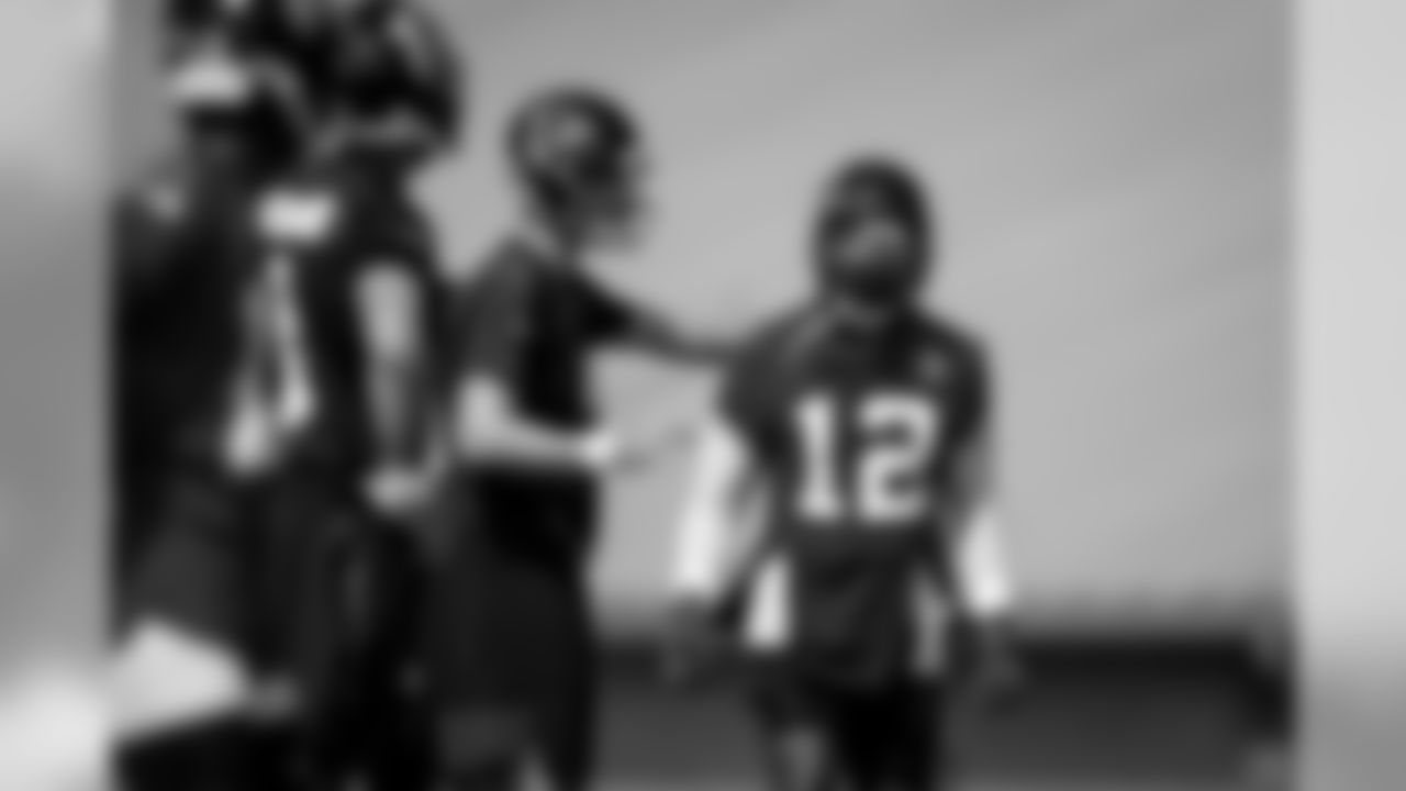 Atlanta Falcons quarterback Matt Ryan #2 works with wide receiver Mohamed Sanu #12 during the third practice preparing for preseason week two against the New York Jets. (Photo by Kara Durrette/Atlanta Falcons)