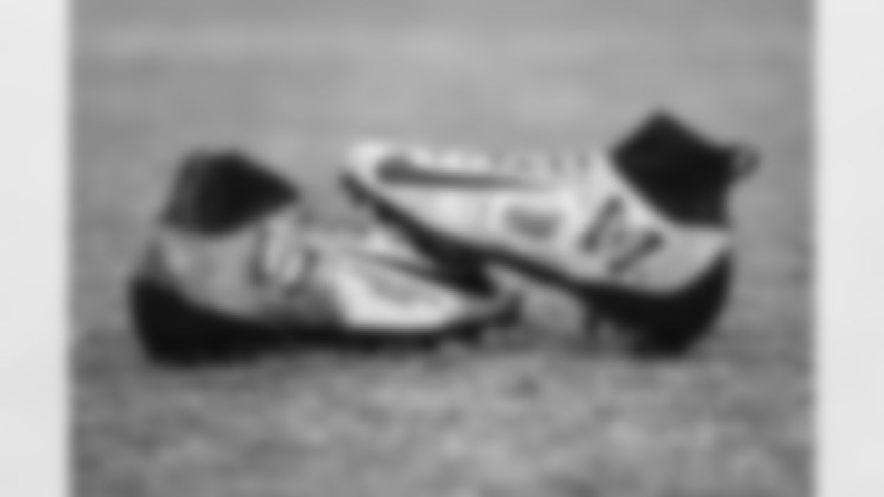 View of the cleats worn by Atlanta Falcons running back Cordarrelle Patterson #84 for My Cause, My Cleats at Atlanta Falcons Headquarters in Flowery Branch, Georgia, on Wednesday, December 1, 2021. (Photo by Shanna Lockwood/Atlanta Falcons)