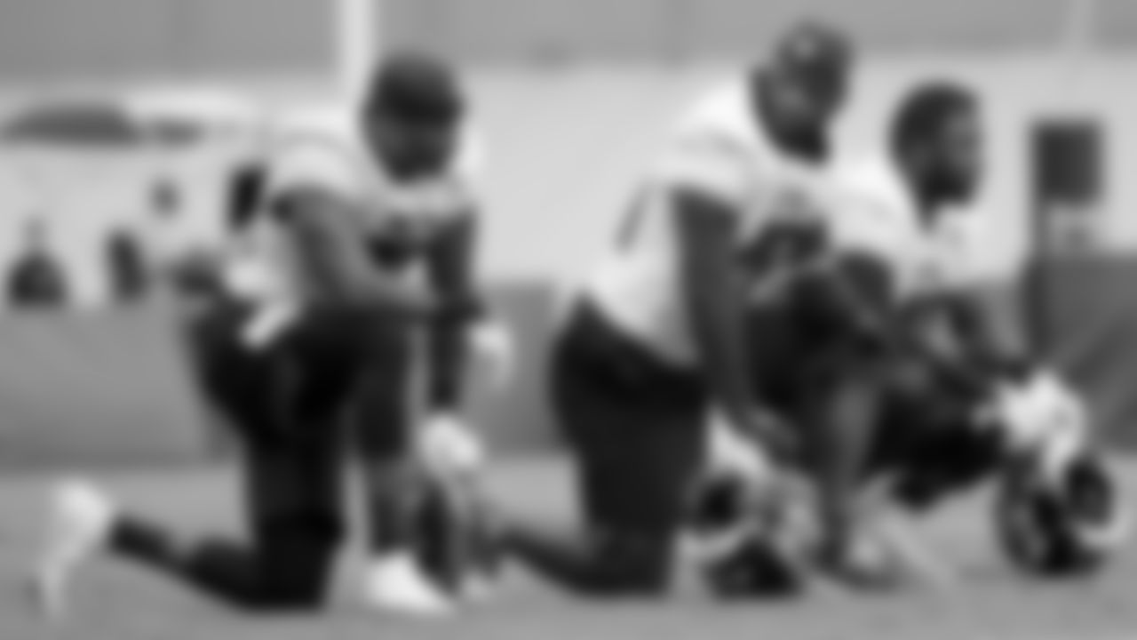 Atlanta Falcons linebacker Deion Jones #45 talks to linebacker Deone Bucannon #36 on the sideline at AT&T Atlanta Falcons Training Camp on August 23, 2020 in Flowery Branch, GA. (Photo by Kara Durrette/Atlanta Falcons)