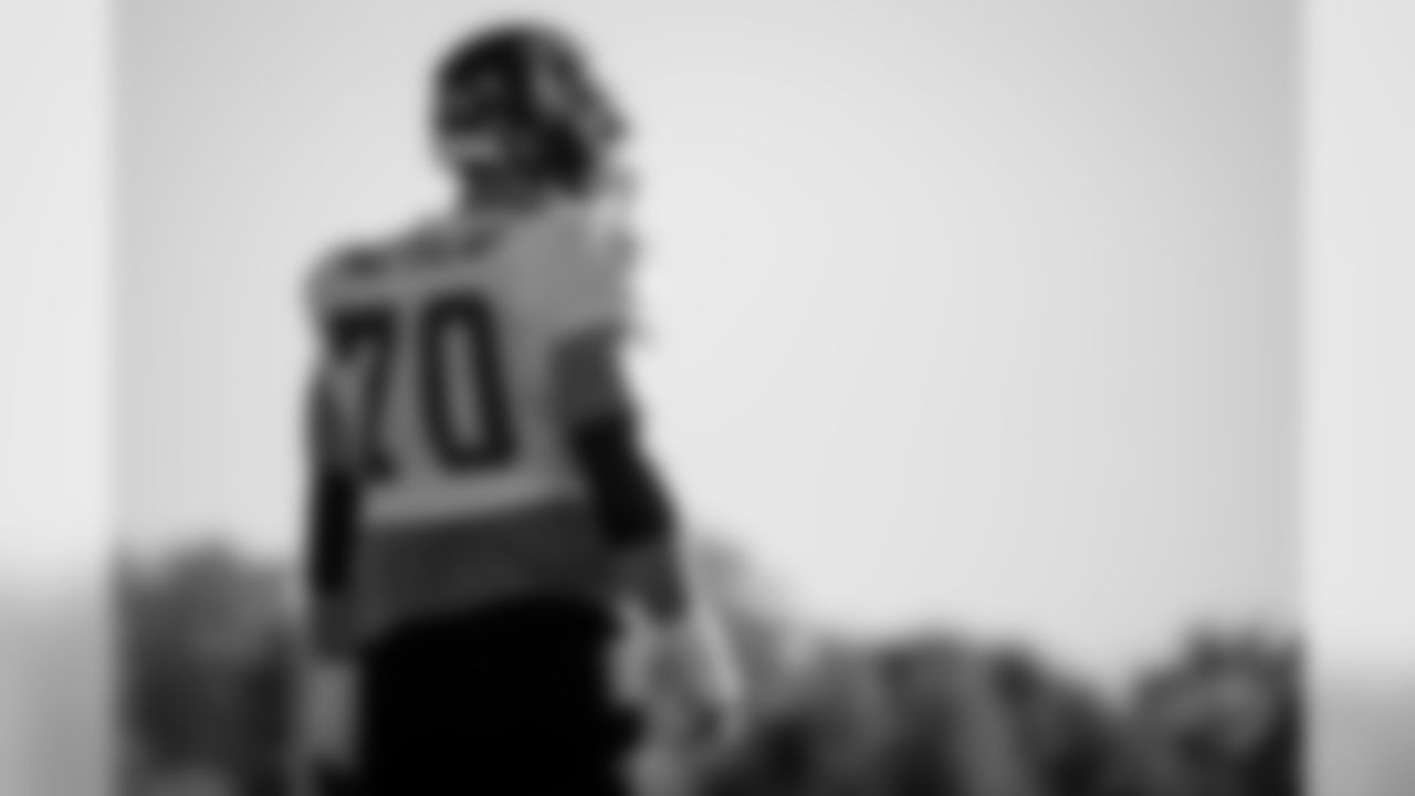 Atlanta Falcons offensive tackle Jake Matthews #70 looks on during practice. (Photo by Kara Durrette/Atlanta Falcons)