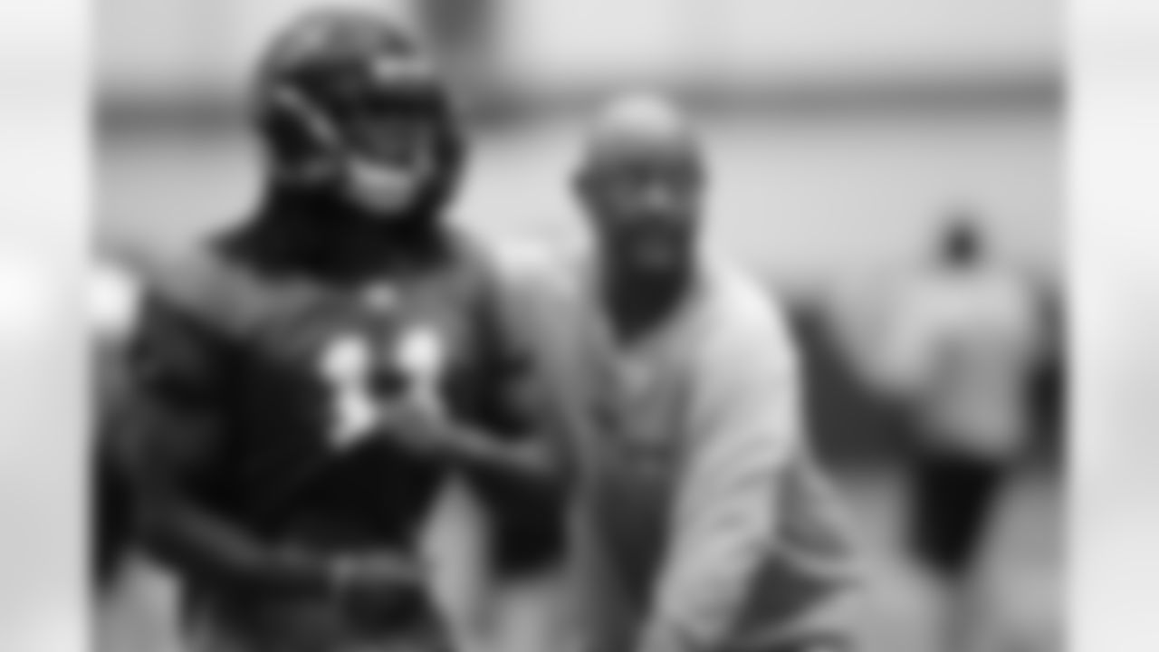 Julio Jones and receivers coach Terry Robiskie work during a drill // 2011 Russell Athletic Training Camp - Day 2 // July 30, 2011 // Flowery Branch, Ga. —