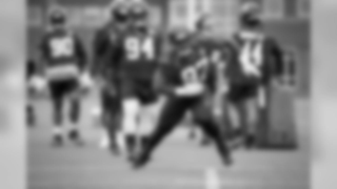 Atlanta Falcons defensive tackle Grady Jarrett #97 runs a drill during practice. (Photo by Kara Durrette/Atlanta Falcons).