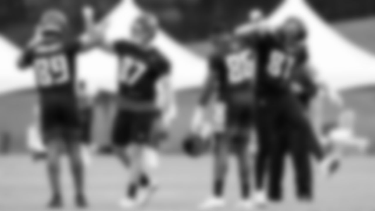 Atlanta Falcons tight end Jared Pinkney #89, tight end Jaeden Graham #87, tight end Khari Lee #86, and tight end Hayden Hurst #81 celebrate at AT&T Atlanta Falcons Training Camp on August 13, 2020 in Flowery Branch, GA. (Photo by Kara Durrette/Atlanta Falcons)