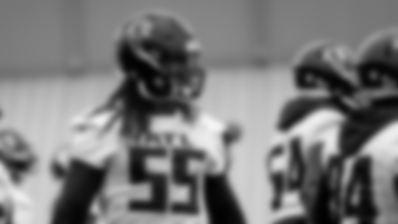 Atlanta Falcons defensive end Steven Means #55 looks on during practice at IBM Performance Field.