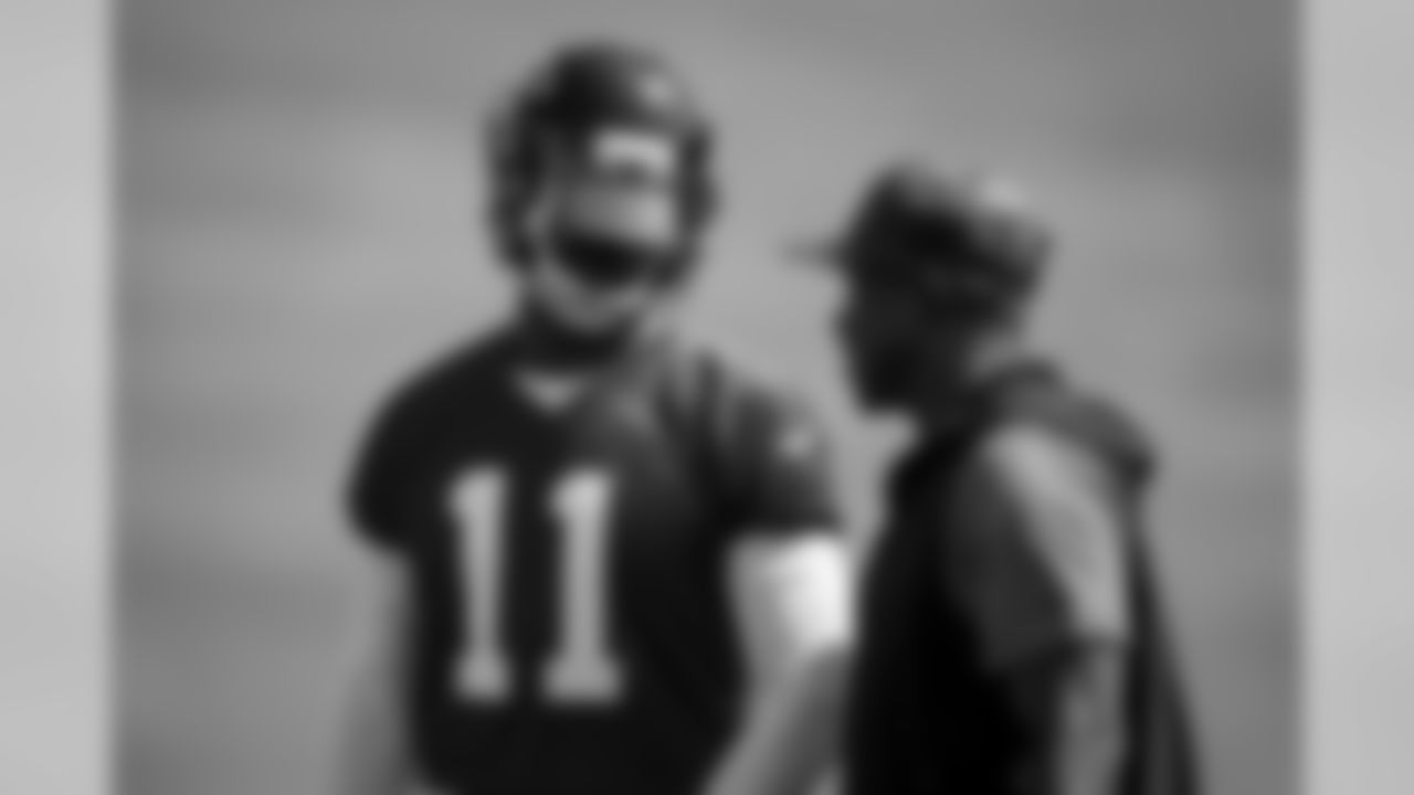 Atlanta Falcons wide receiver Julio Jones #11 talks to assistant head coach Raheem Morris during practice. (Photo by Kara Durrette/Atlanta Falcons).