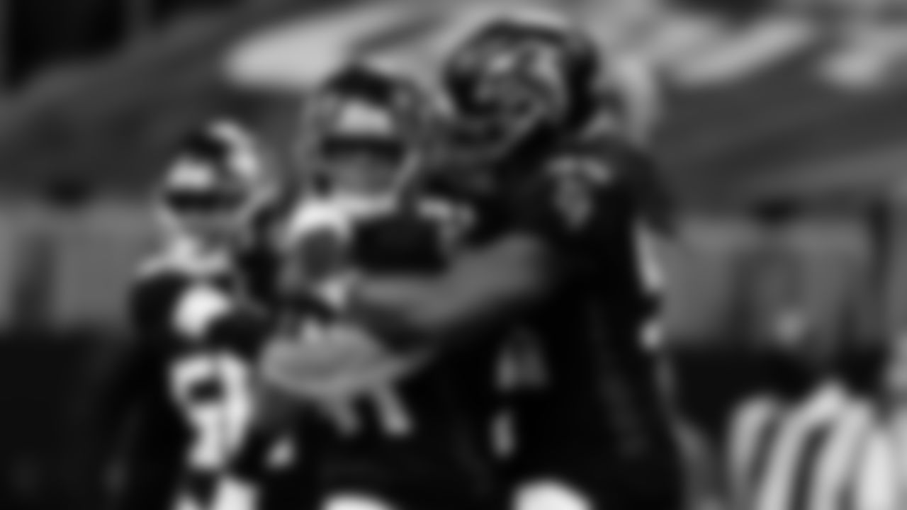 Atlanta Falcons safety Sharrod Neasman #41 celebrates after sacking Tampa Bay Buccaneers quarterback Tom Brady #12 during the second quarter against the Tampa Bay Buccaneers on December 20, 2020.