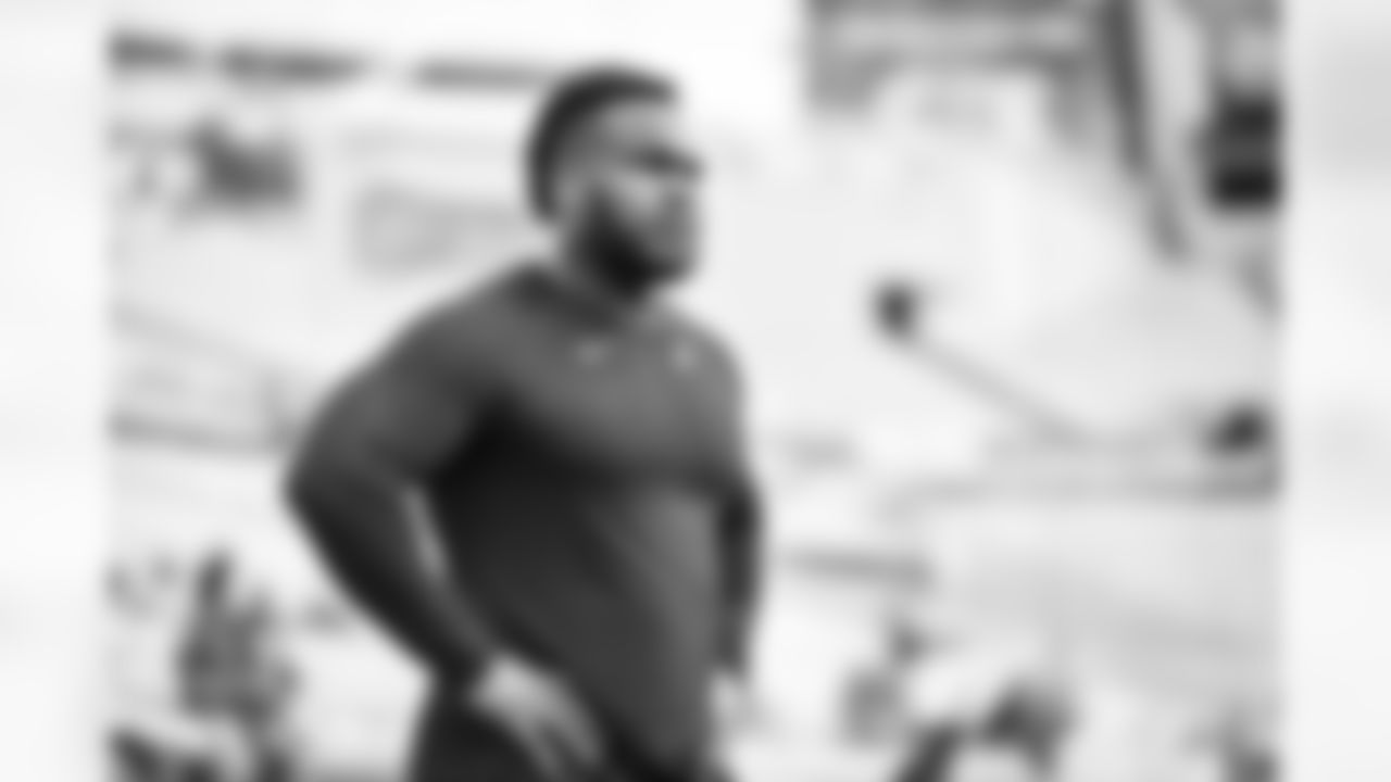 Atlanta Falcons defensive tackle Grady Jarrett #97 warms up prior to a game against the Jacksonville Jaguars at TIAA Bank Field in Jacksonville, Florida on Sunday, November 28, 2021. (Photo by Mitchell Martin/Atlanta Falcons)