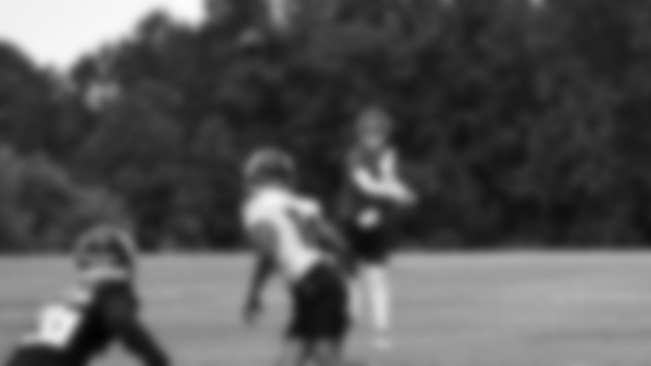 Atlanta Falcons quarterback Matt Ryan #2 throws the ball to Atlanta Falcons wide receiver Russell Gage #14 during organized team activities in Phase III of the Atlanta Falcons offseason program on May 26, 2021.