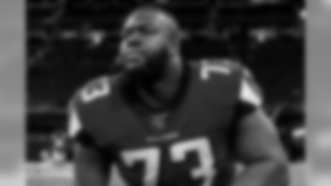 Atlanta Falcons offensive tackle Matt Gono #73 looks on at Mercedes-Benz Stadium in Atlanta, GA, on Sunday December 22, 2019. (Photo by Kara Durrette/Atlanta Falcons)
