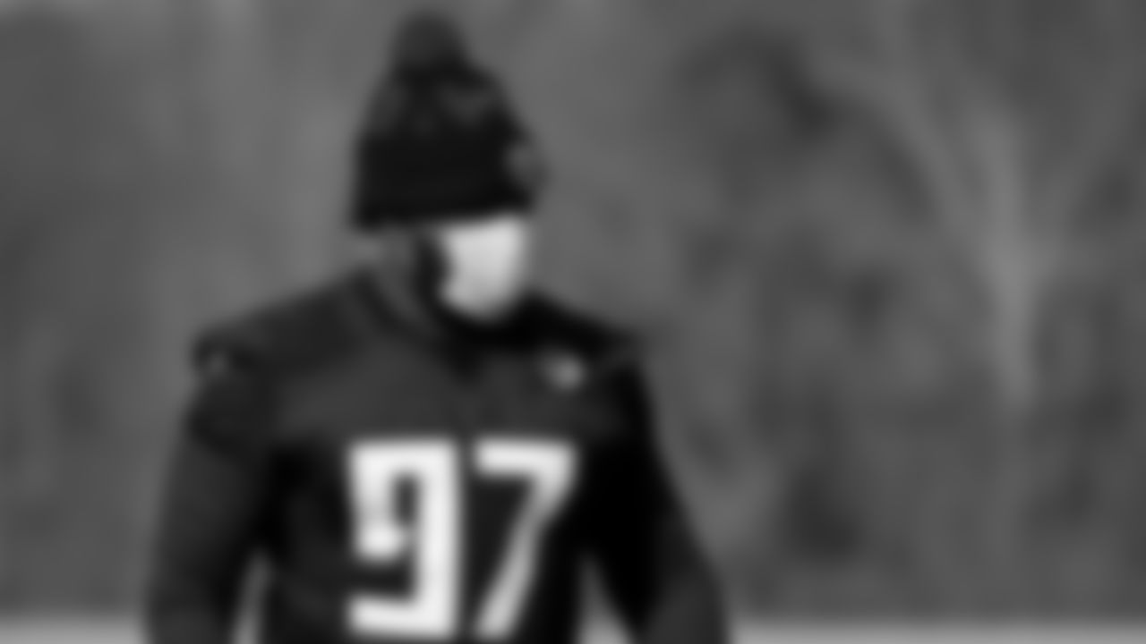 Atlanta Falcons defensive tackle Grady Jarrett #97 looks on during practice at IBM Performance Field.