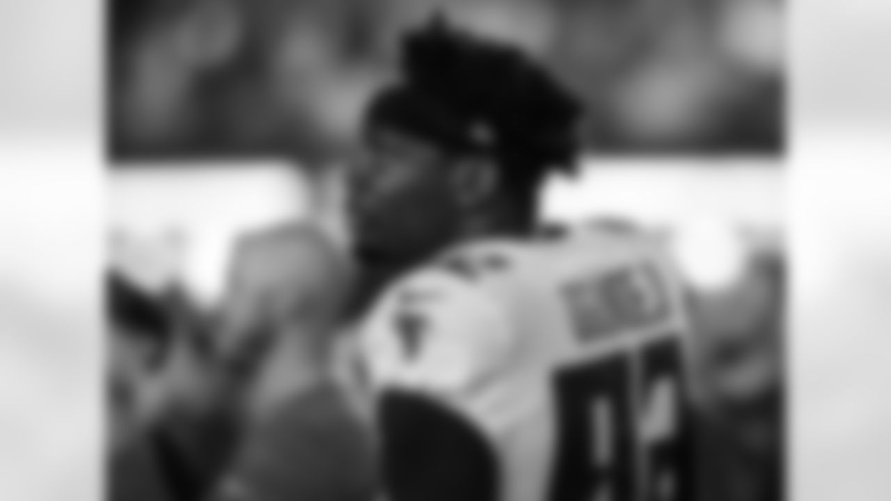Atlanta Falcons linebacker Adetokunbo Ogundeji #92 is seen on the field prior to a game against the New Orleans Saints at Caesars Superdome in New Orleans, Louisiana on Sunday, November 7, 2021. (Photo by Dan Anderson/Atlanta Falcons)