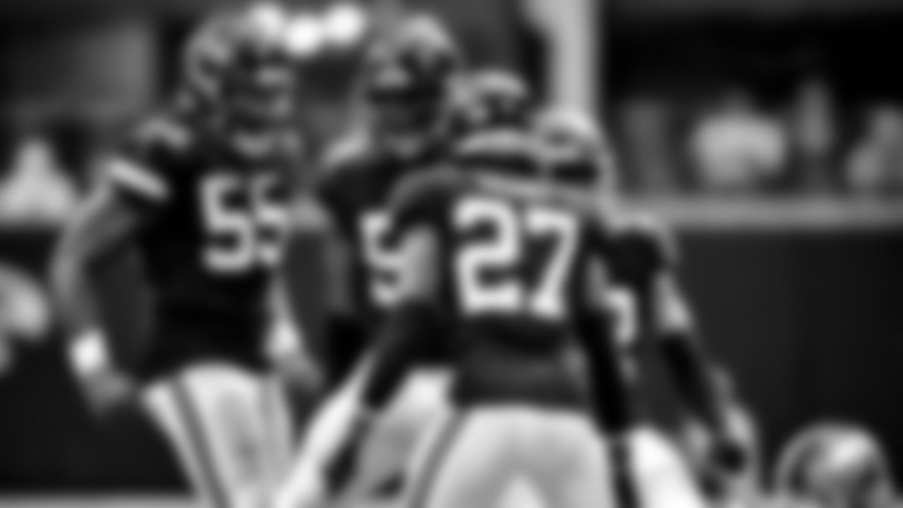 Atlanta Falcons linebacker Foye Oluokun #54 celebrates after making a tackle against the Detroit Lions at Mercedes-Benz Stadium in Atlanta, Georgia on Sunday, December 26, 2021. (Photo by Shanna Lockwood/Atlanta Falcons)
