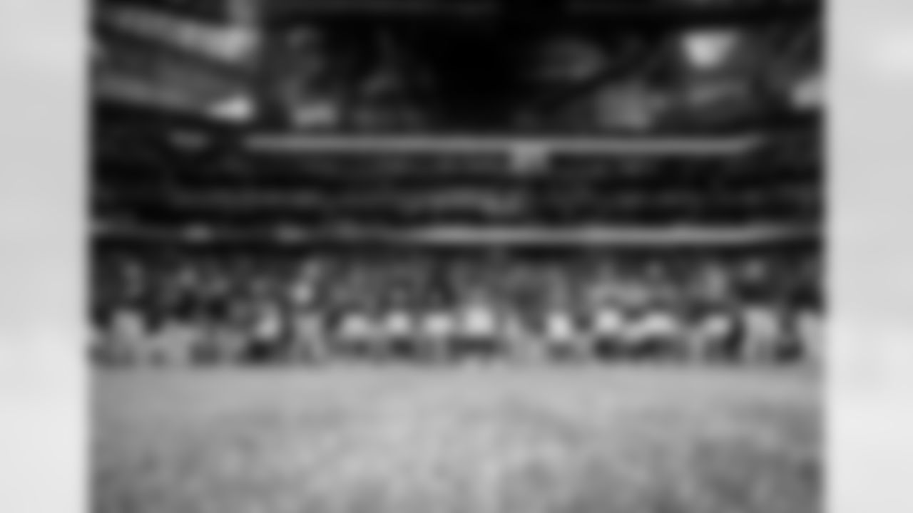 The Atlanta Falcons stands during the national anthem before facing the Jacksonville Jaguars at Mercedes-Benz Stadium in Atlanta, Georgia on Saturday, August 27, 2022. (Photo by Kyle Hess/Atlanta Falcons)