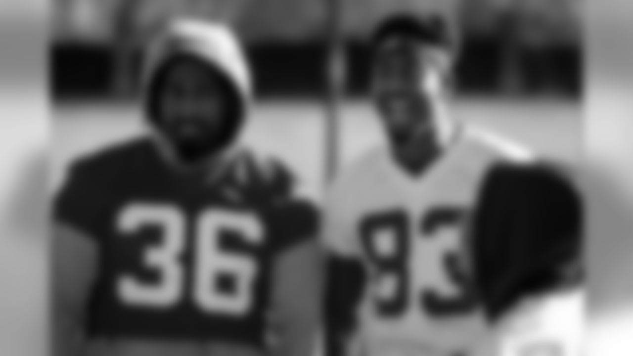 Atlanta Falcons defensive back Kemal Ishmael #36 and wide receiver Russell Gage #83 looks on during practice. (Kara Durrette/Atlanta Falcons)