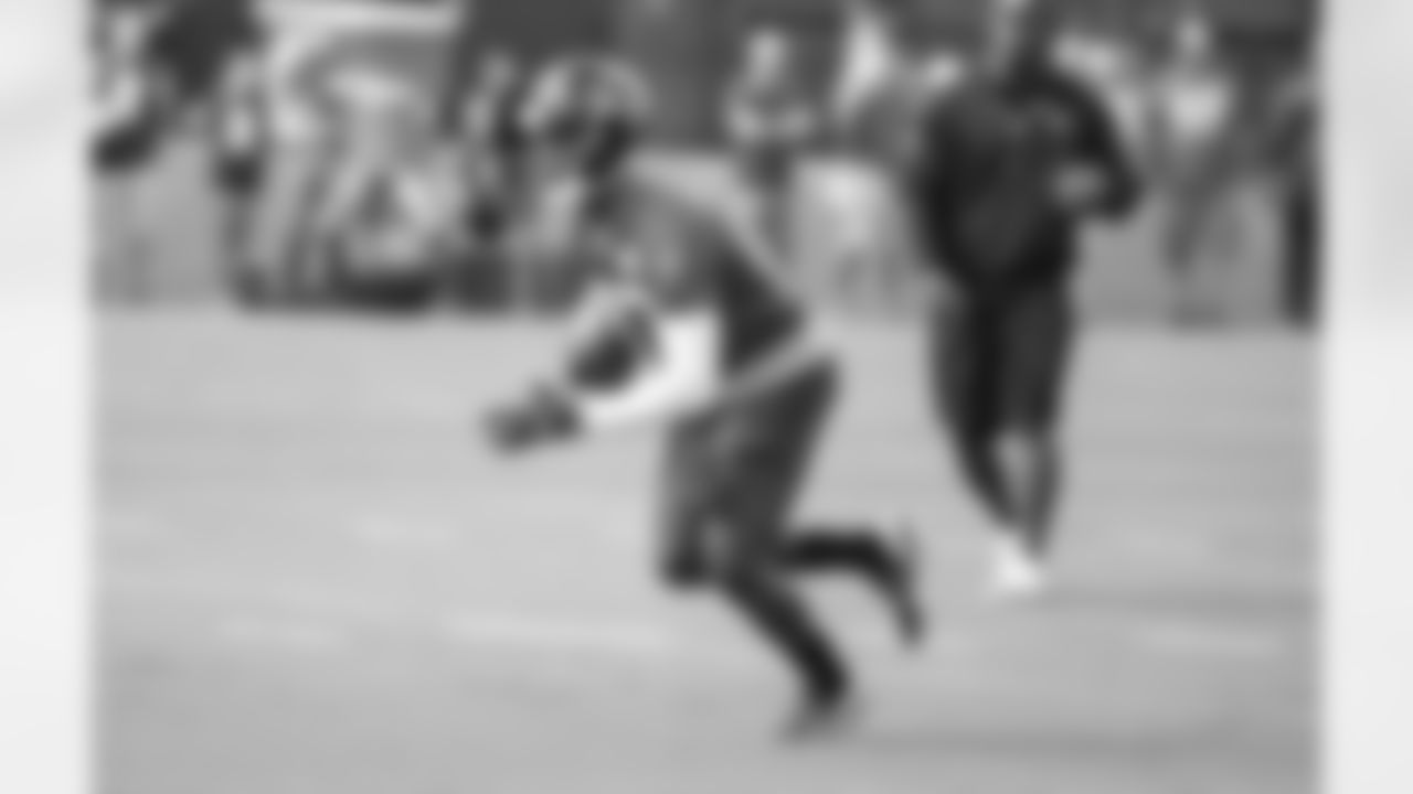 Seventh-round WR Devin Fuller heads upfield as the speedster looks to impress coaches, including WR coach Raheem Morris, to earn the open spot at returner