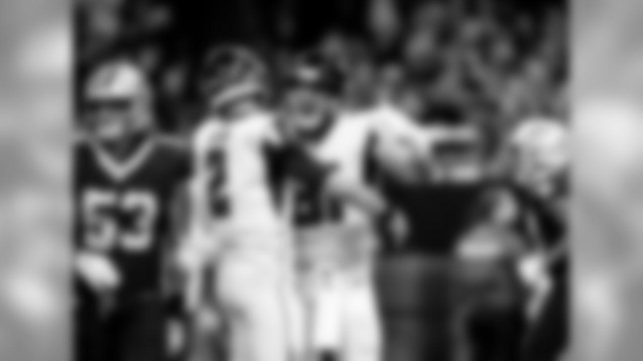 Atlanta Falcons tight end Austin Hooper #81 celebrates with quarterback Matt Ryan #2 after scoring a touchdown during the first half of the game against the New Orleans Saints at the Mercedes-Benz Superdome in New Orleans, LA, on Sunday November 10, 2019. (Photo by Kara Durrette/Atlanta Falcons)