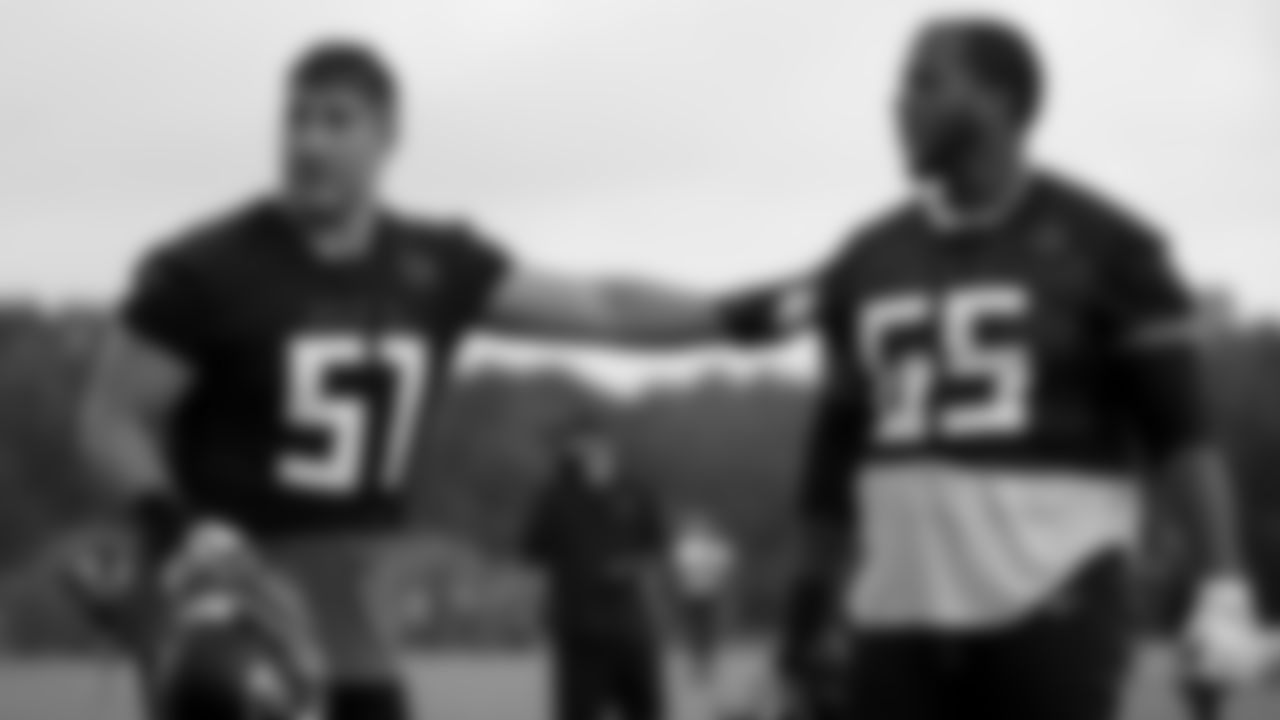 Atlanta Falcons center Alex Mack #51 works with offensive lineman Justin McCray #65 at AT&T Atlanta Falcons Training camp on August 15, 2020 in Flowery Branch, Ga. (Photo by Kara Durrette/Atlanta Falcons)