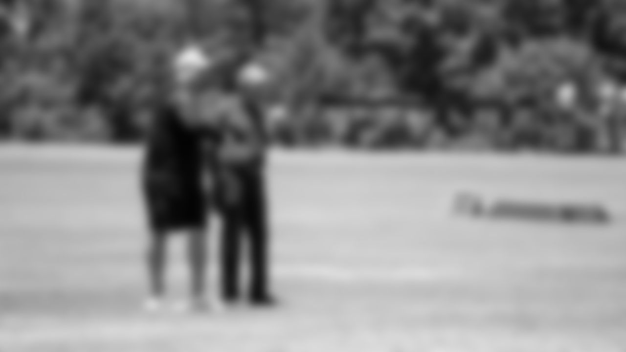 Atlanta Falcons head coach Arthur Smith talks with Atlanta Falcons owner Arthur Blank during organized team activities in Phase III of the Atlanta Falcons offseason program on June 4, 2021.