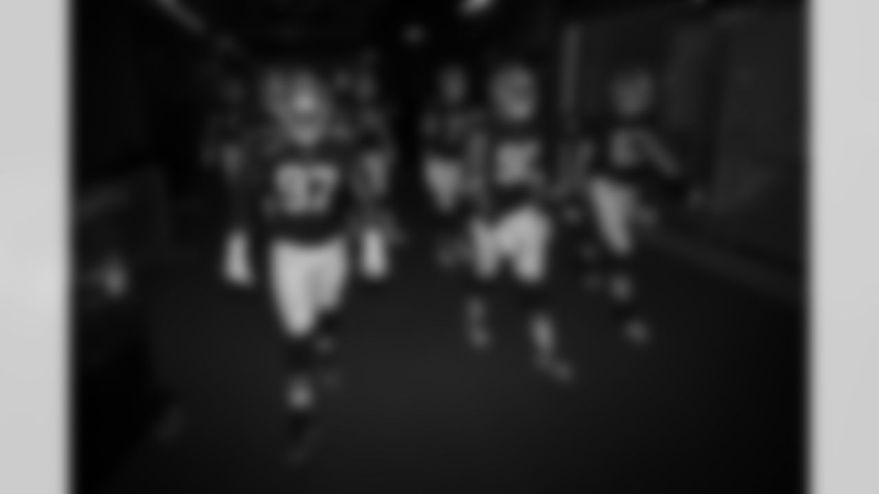 Atlanta Falcons players walk out for warmups before the Week 6 Game against the Washington Commanders at Mercedes-Benz Stadium in Atlanta, Georgia on Sunday, October 15, 2023. (Photo by Brandon Magnus/Atlanta Falcons)