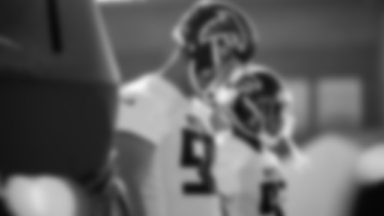 Atlanta Falcons defensive end John Cominsky #50 looks on during practice at IBM Performance Field.